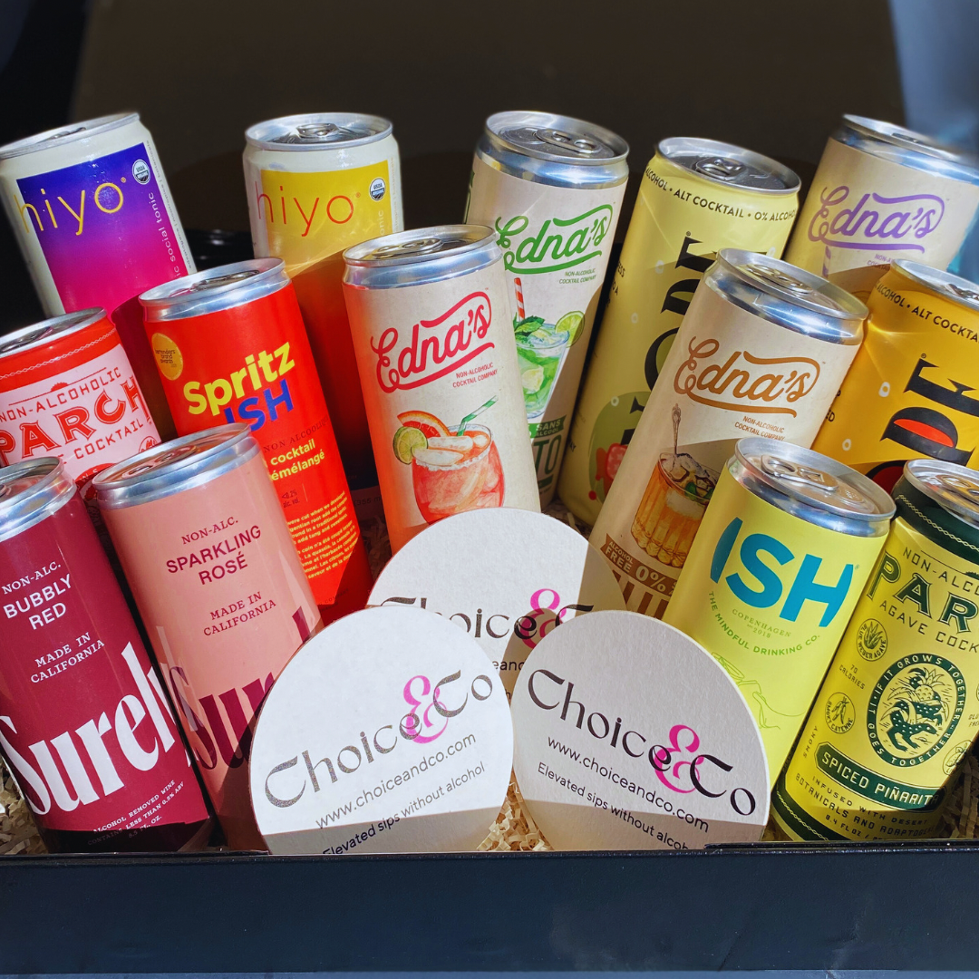 10 ready to drink nonalcoholic beverages and 3 coasters includes hiyo, parch, edna's, ish, nope, surely
