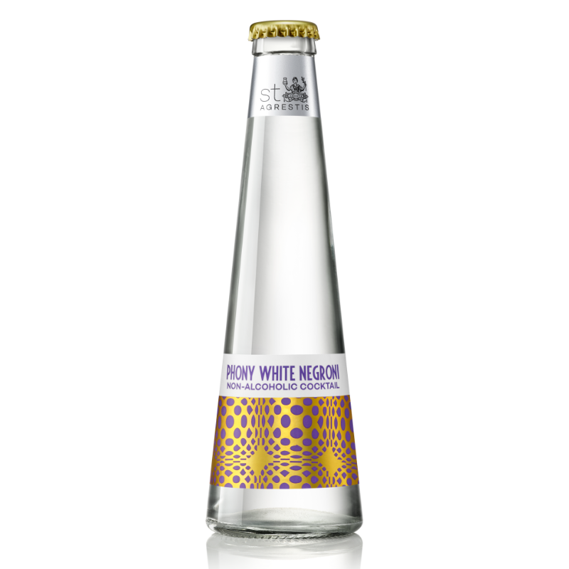 A clear bottle of St. Agrestis Non-Alcoholic Phony White Negroni with a gold and white geometric design on the label.