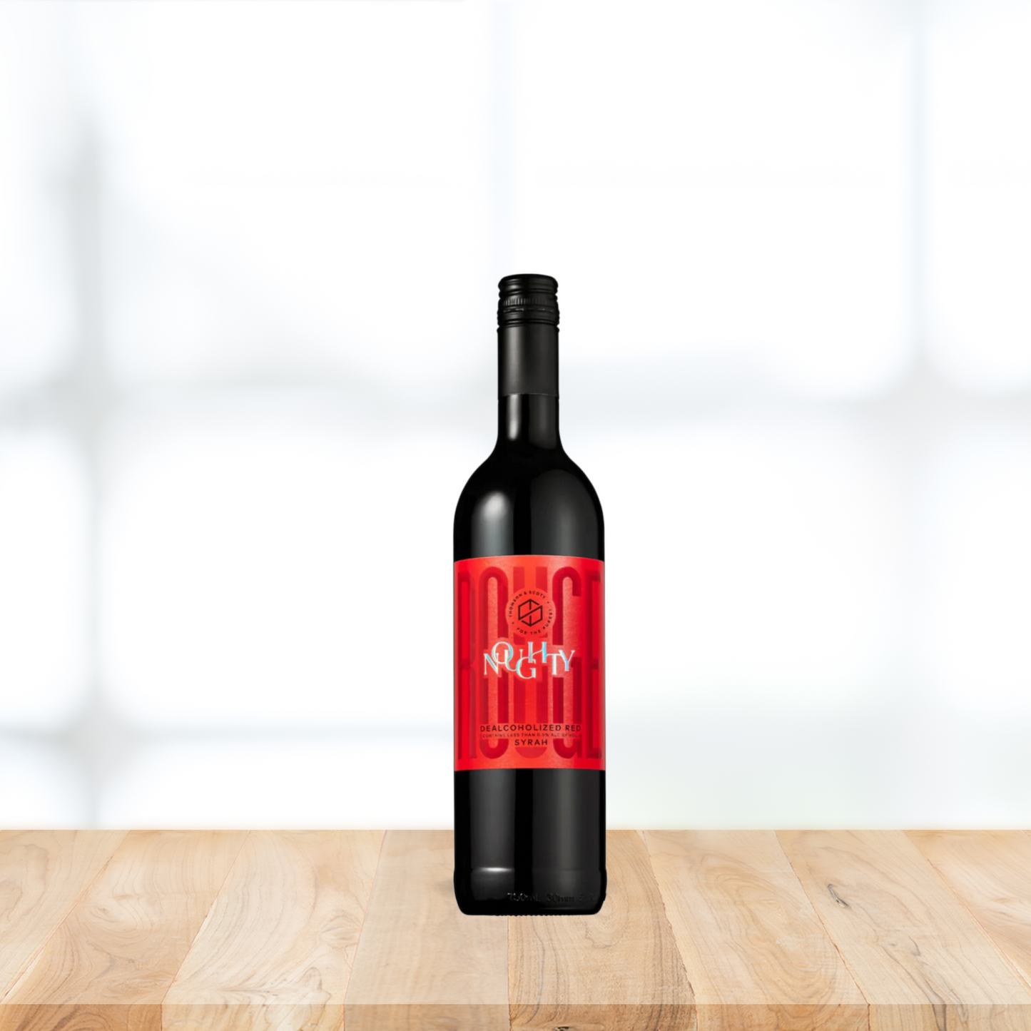Noughty dealcoholized syrah against white background on wooden platform
