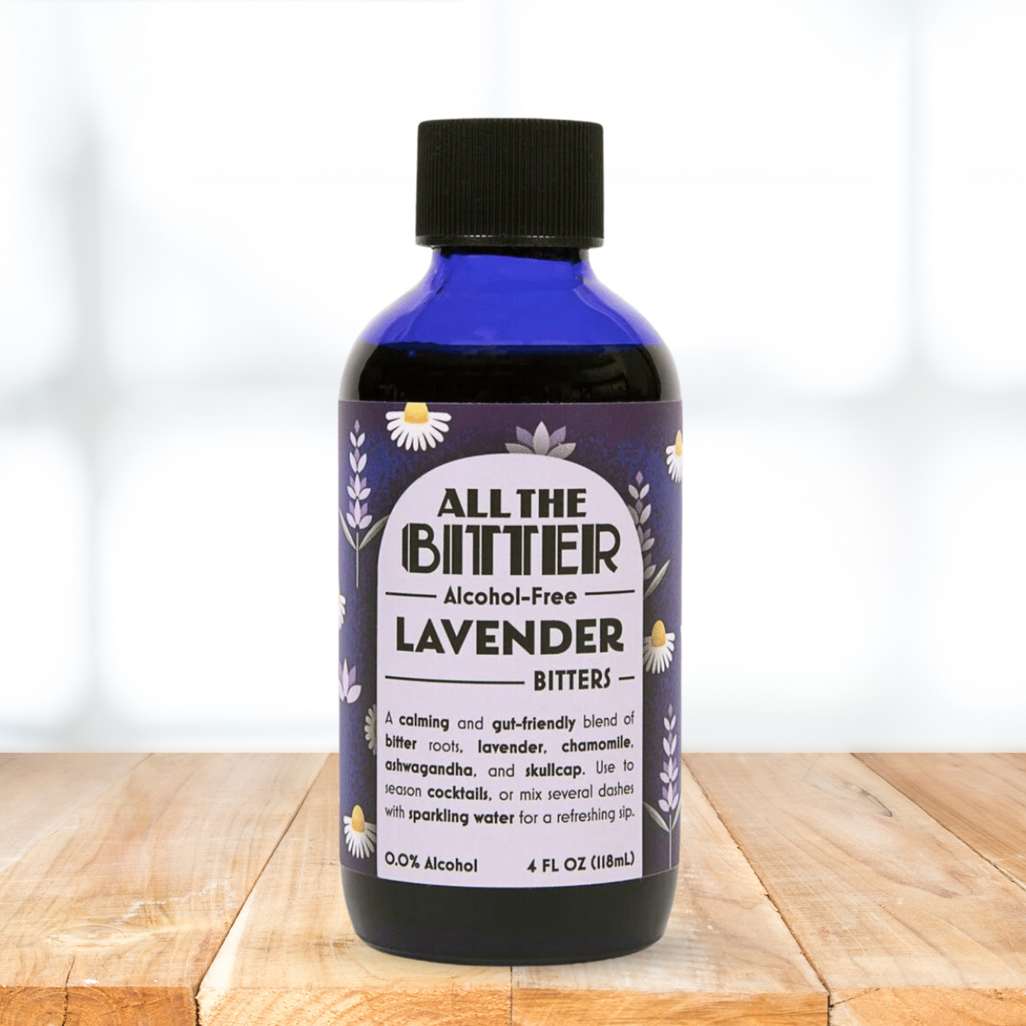 Blue bottle of All the Bitter Lavender Alcohol free bitters