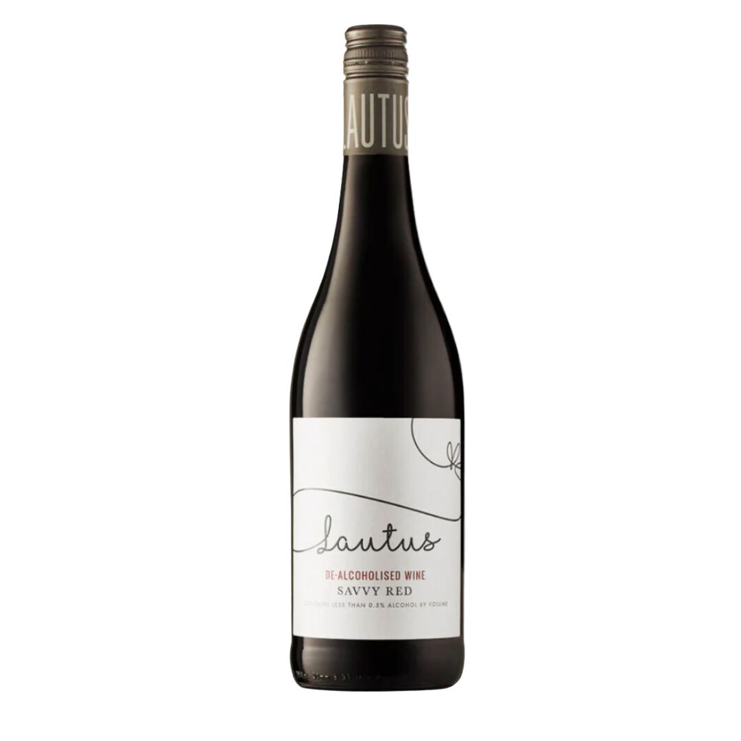 A bottle of Lautus Savvy Red wine positioned on a wooden surface with a bright background.
