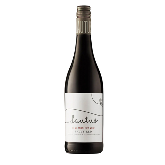 A bottle of Lautus Savvy Red wine positioned on a wooden surface with a bright background.