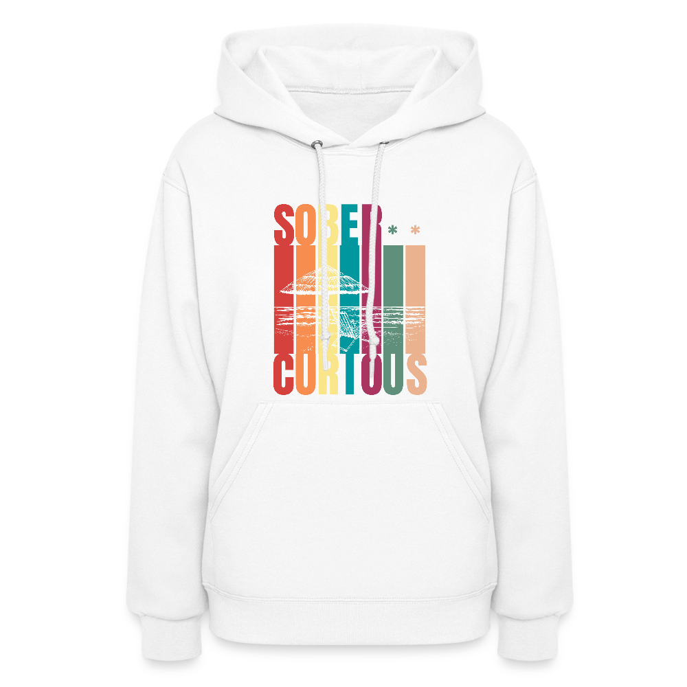 White hoodie with Sober Curious Block letters each with their own color and a beach scene