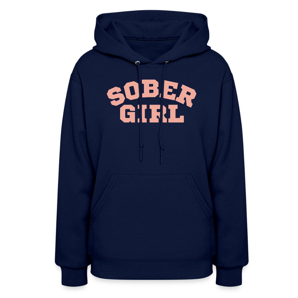 Navy blue hoodie with 'SOBER GIRL' text in pink on a white background