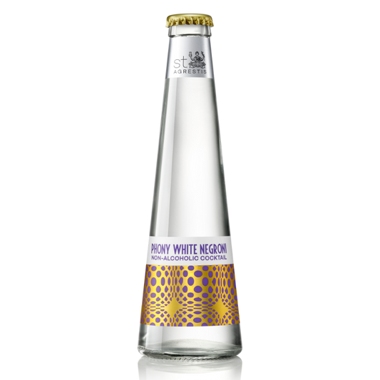 A clear bottle of St. Agrestis Non-Alcoholic Phony White Negroni with a gold and white geometric design on the label.